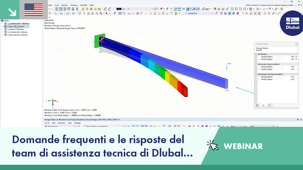 Webinar informativo che risponde a domande comuni gestite dal team di supporto Dlubal, incentrato sull'uso del software e sull'assistenza tecnica.