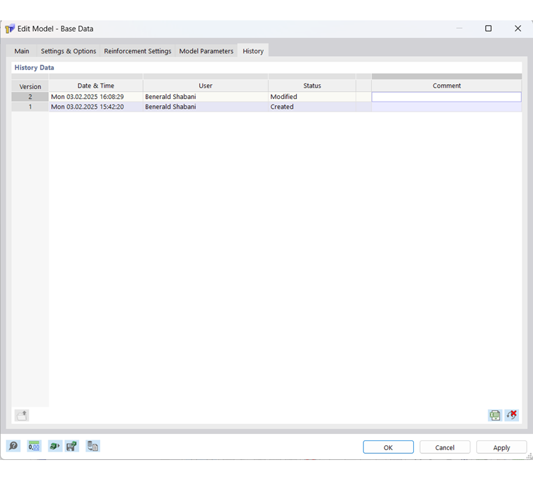 Finestra di dialogo "Modifica modello - Dati di Base", Scheda "Storia"