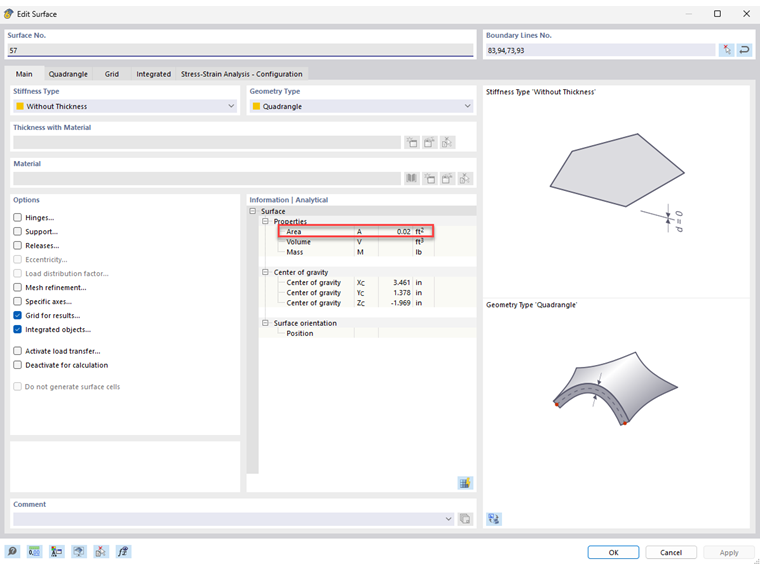 La superficie di un'area selezionata in evidenza all'interno di un'applicazione software. L'area è evidenziata a colori e il valore numerico della superficie viene visualizzato.