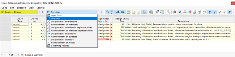 Tabelle dei risultati per la verifica del calcestruzzo