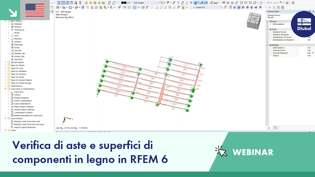 Webinar che illustra il processo di verifica per aste e superfici in legno nel software RFEM 6.