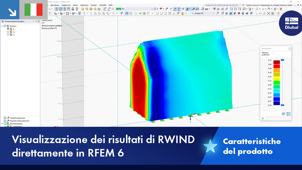 Visualizzazione dei risultati della simulazione RWIND nell'ambiente RFEM 6, che mostra gli effetti aerodinamici sul modello strutturale.