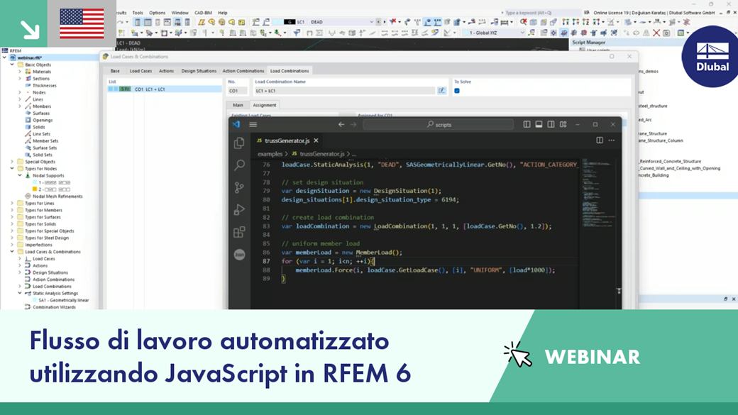 Illustrazione che mostra l'implementazione di un processo automatizzato utilizzando JavaScript in RFEM 6. Una dimostrazione di tecniche di modellazione avanzate in un ambiente di webinar.