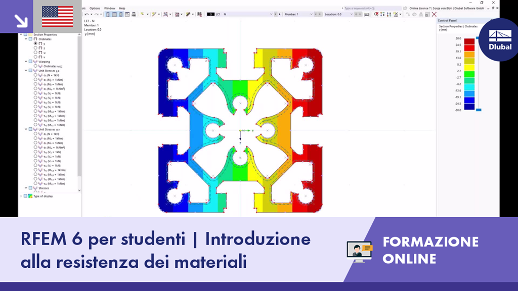 Un gruppo di studenti partecipa a una formazione online incentrata sull'apprendimento dei fondamenti della resistenza dei materiali utilizzando il software RFEM 6, tenuto da un istruttore tramite una piattaforma digitale.