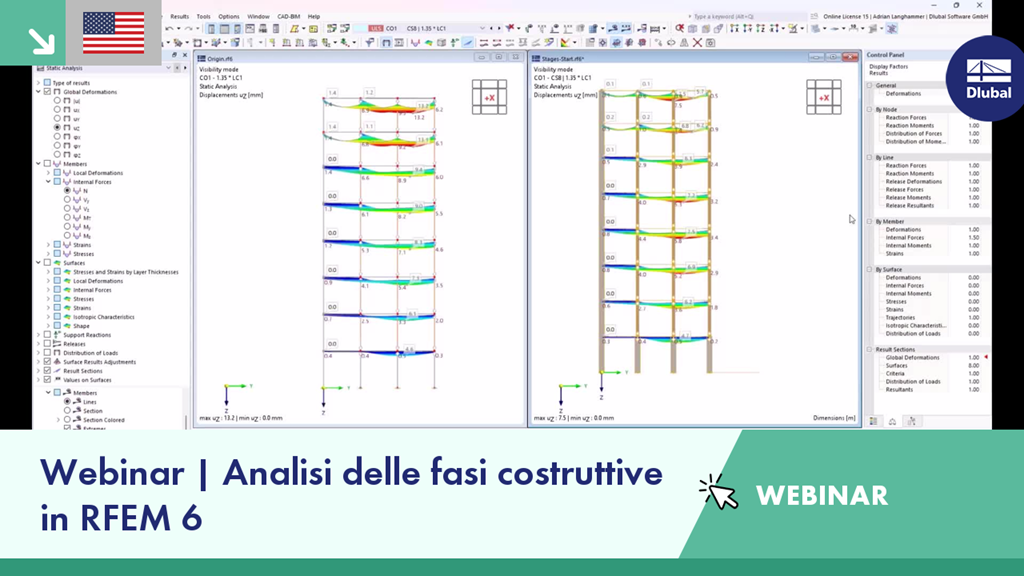 Viene mostrata la dashboard dell'analisi delle fasi costruttive con i percorsi dei carichi strutturali in RFEM 6.