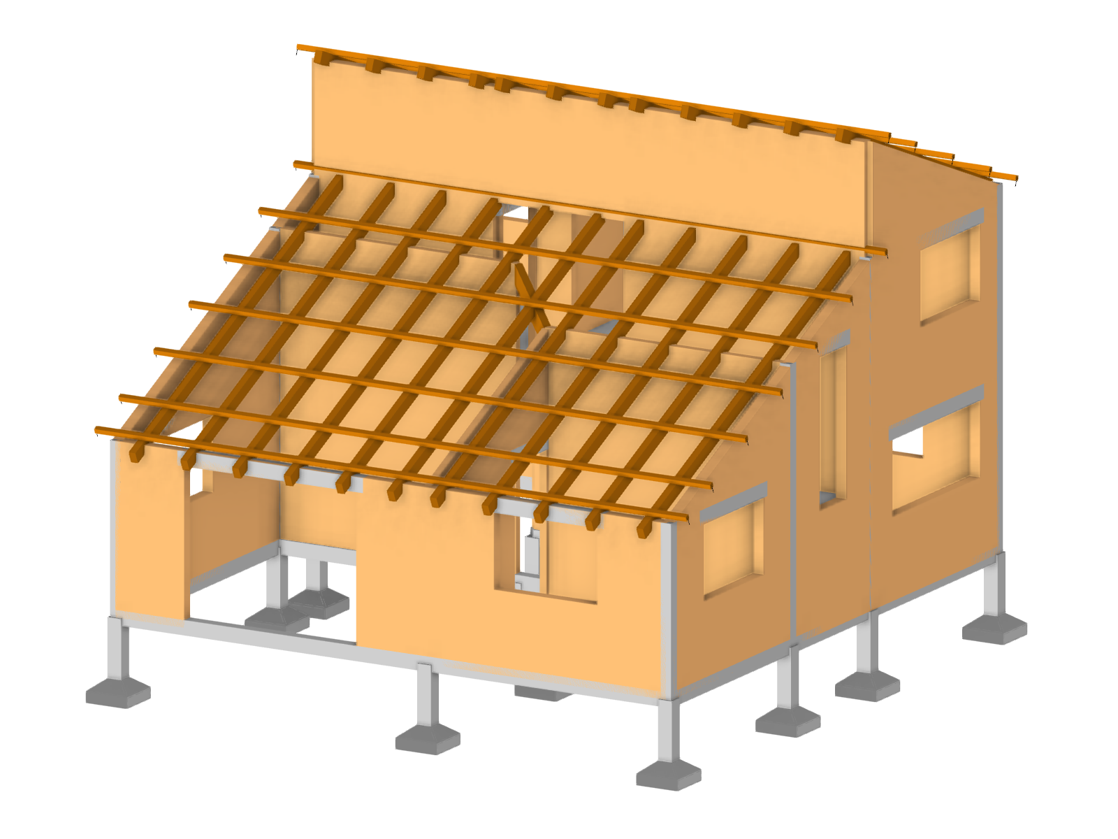 Modello di edificio in muratura con fondazioni in calcestruzzo armato caricato nel software RFEM per l'analisi strutturale.
