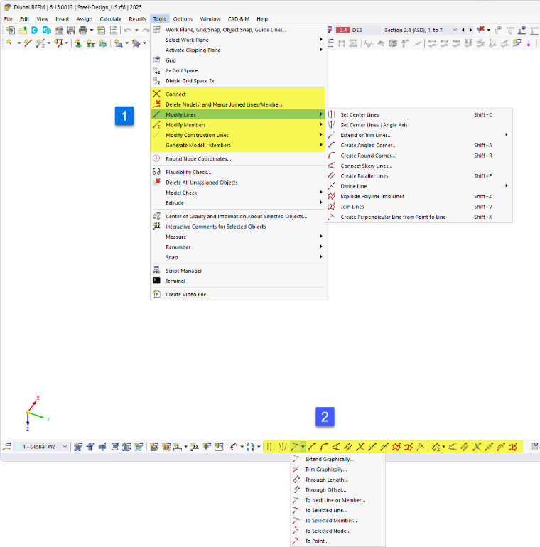 Strumenti di modellazione nel menu 'Extra' e pulsanti nella barra strumenti CAD