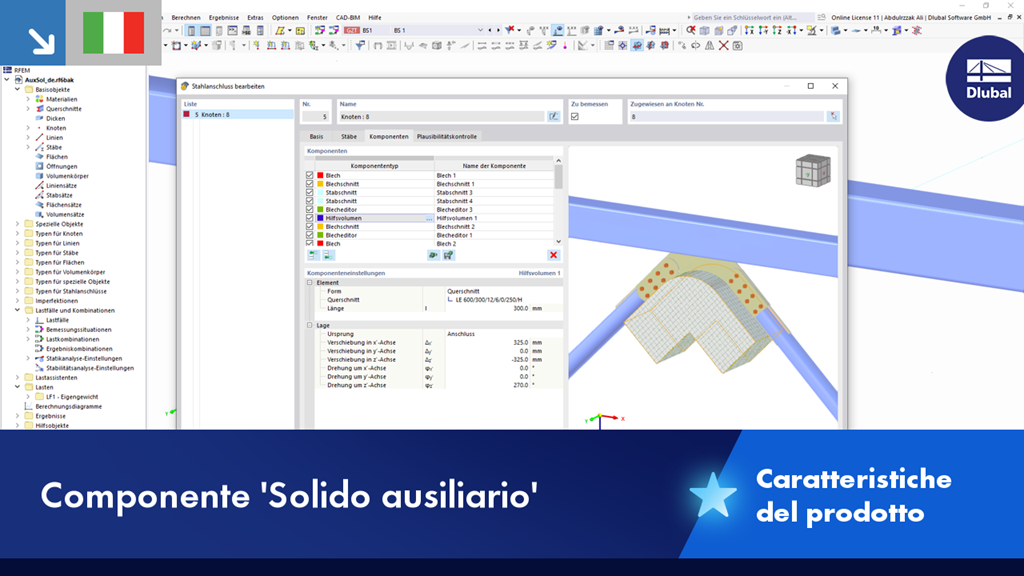 Raffigurazione di un componente di supporto strutturale per ottimizzare l'analisi strutturale. Si concentra sull'uso efficiente dei volumi ausiliari.