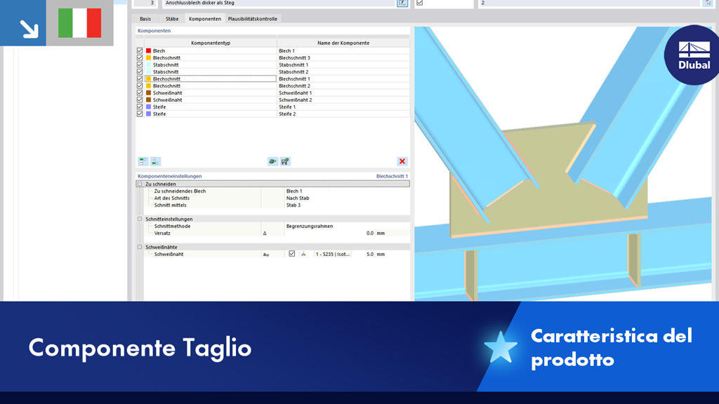 Dettaglio di una sezione in acciaio con disegni tecnici ed elementi di collegamento