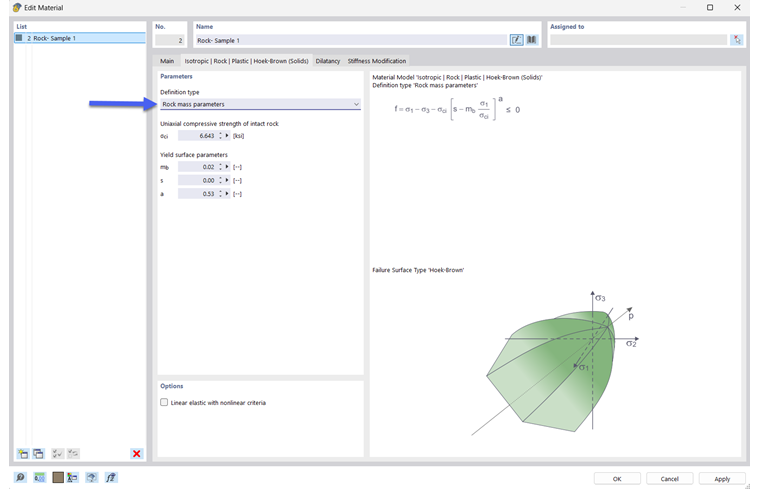 Finestra di input - Modello Hoek-Brown - Esperienza accumulata