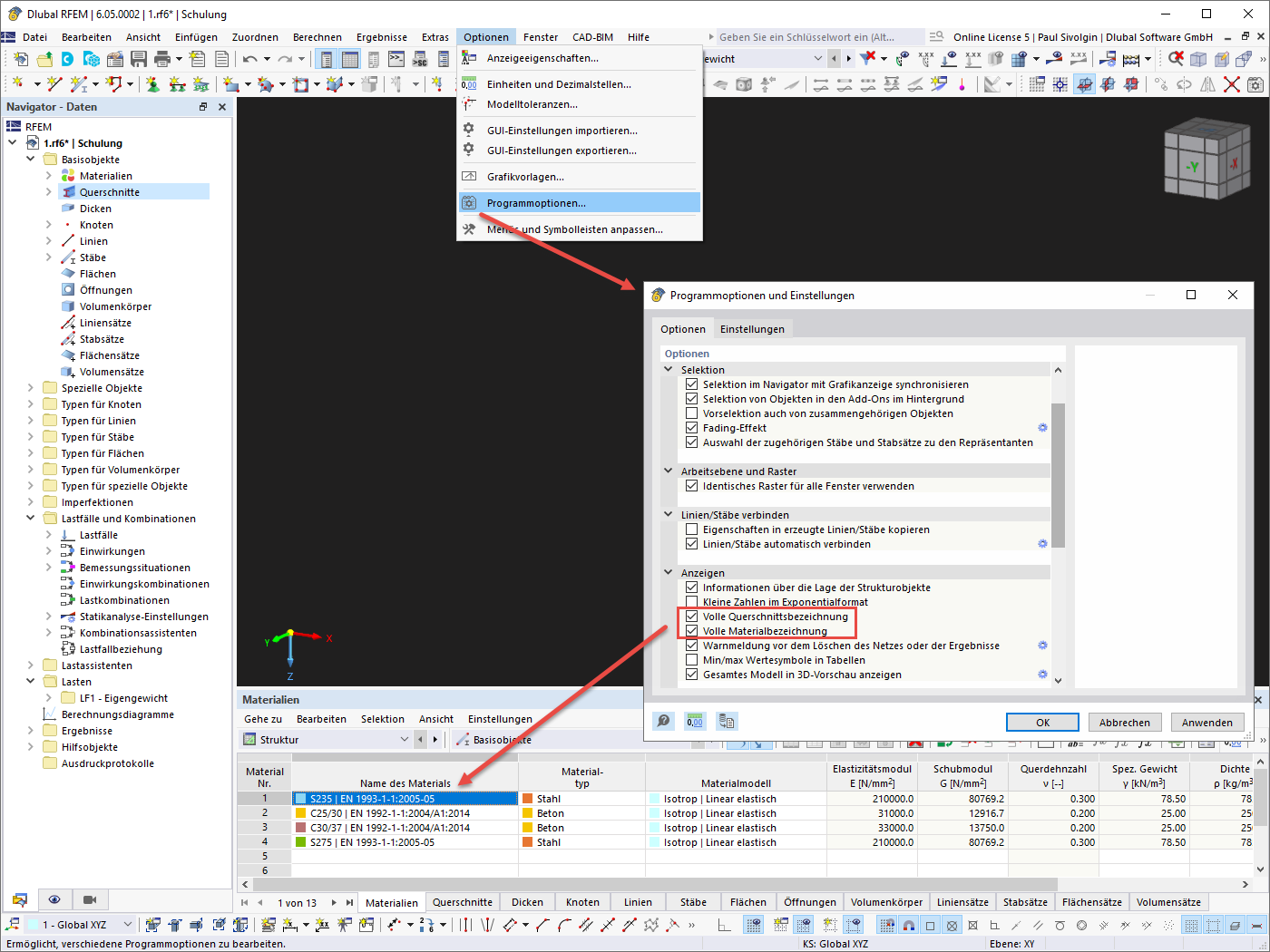 Descrizione completa del materiale e della sezione trasversale
