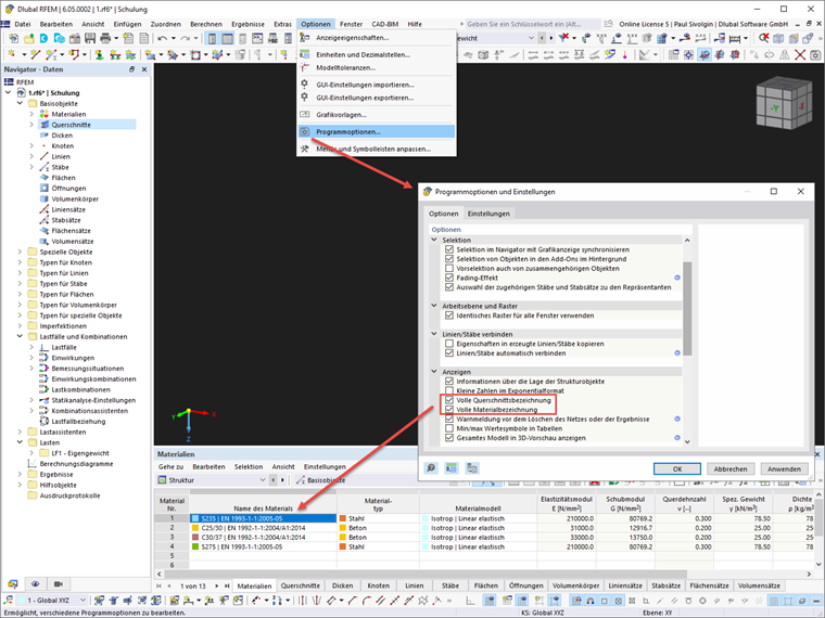 Descrizione completa del materiale e della sezione trasversale
