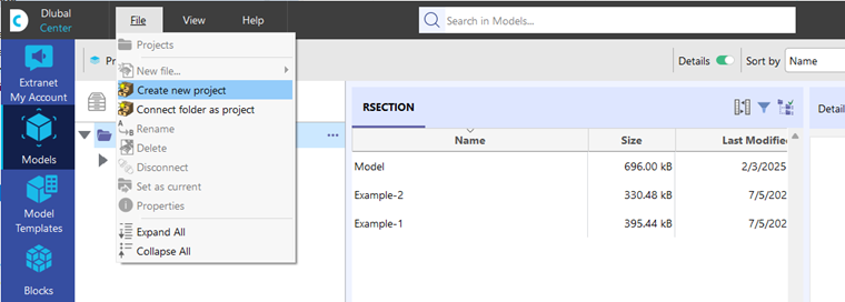 Menu "File" per i progetti