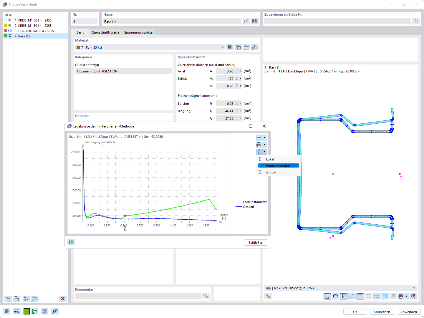 Risultati del metodo a strisce finite per sezioni trasversali in parete sottile in RFEM