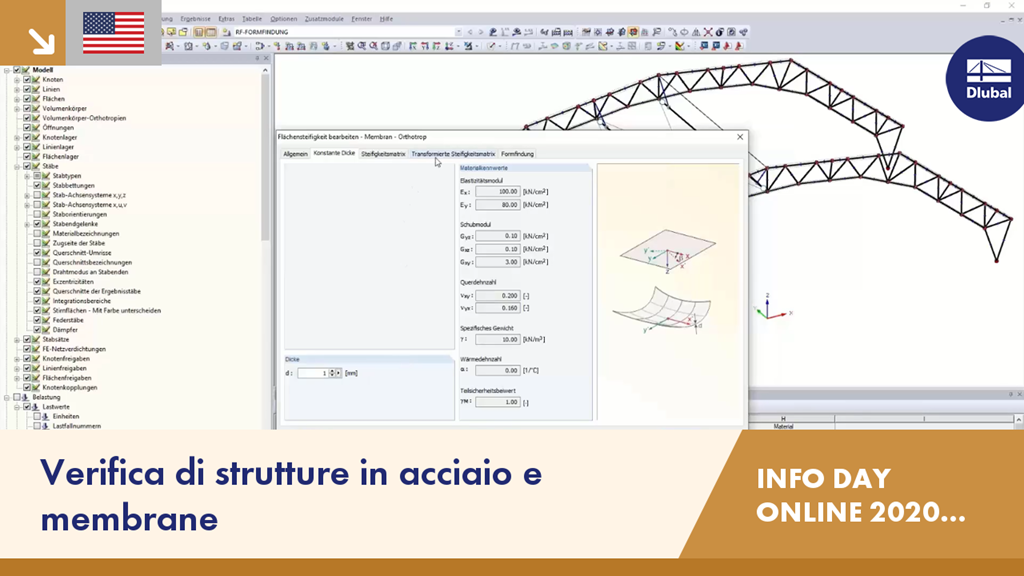 Un programma di progettazione assistita da computer che visualizza un'interfaccia per la verifica di strutture in acciaio e membrane con più barre degli strumenti e un modello 3D.