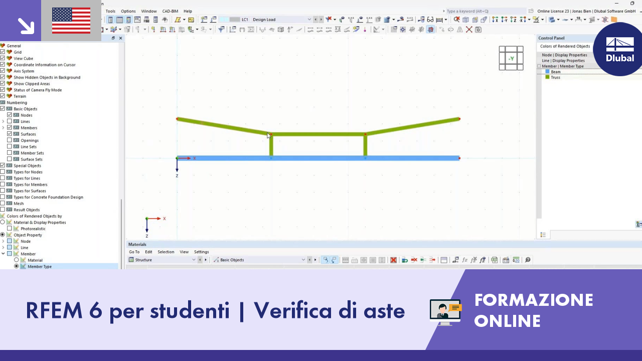 Sessione di formazione online RFEM 6 focalizzata sulla verifica di aste per studenti di ingegneria strutturale.