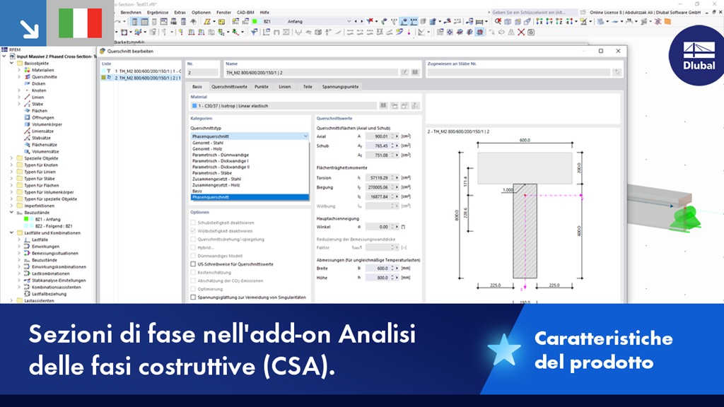 Sezioni nelle fasi costruttive analizzati con l’add-on Dlubal