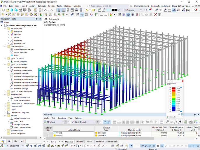 Modello di costruzione di un impianto di stoccaggio con risultati di deformazione in RSTAB 9
