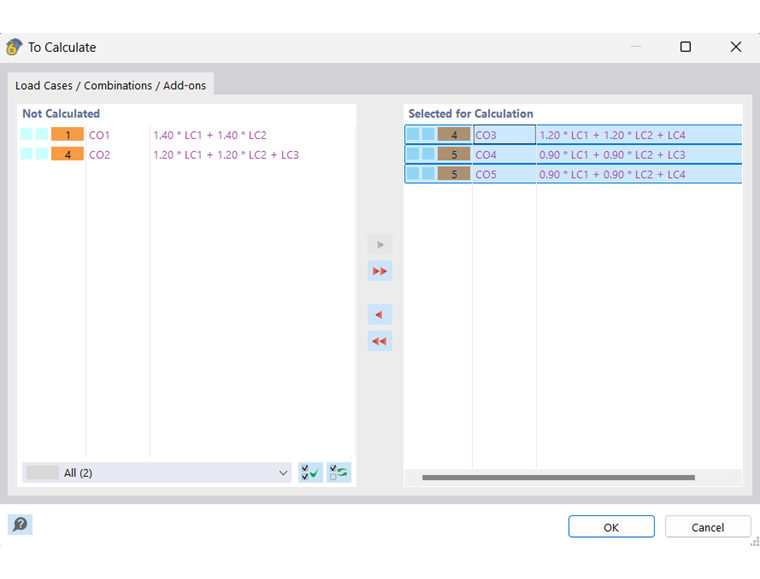 Seleziona combinazioni di carico per analisi σ-ε