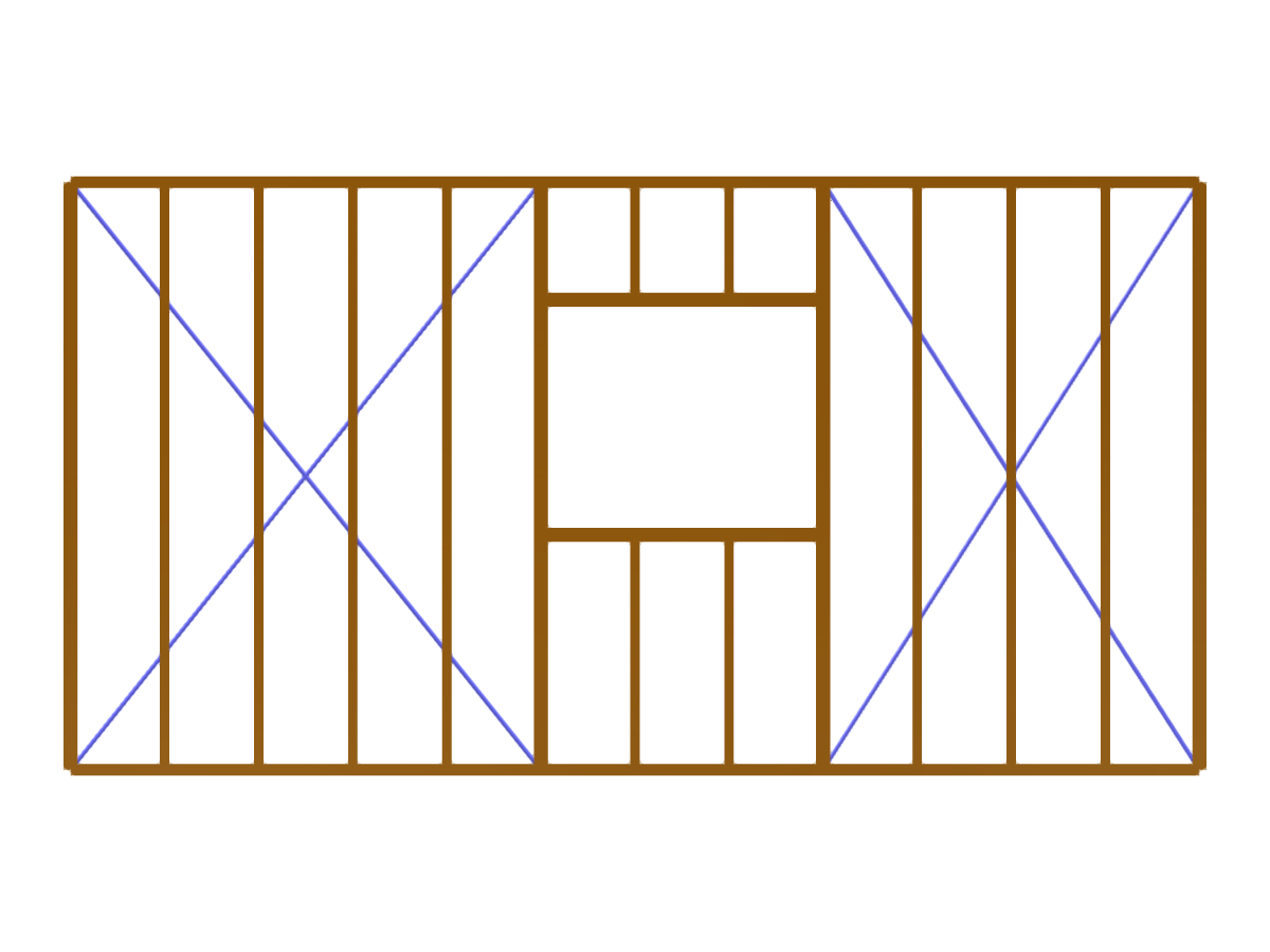 Immagine di una parete prefabbricata in legno con un'apertura per finestra, che mostra gli elementi strutturali e il montaggio.