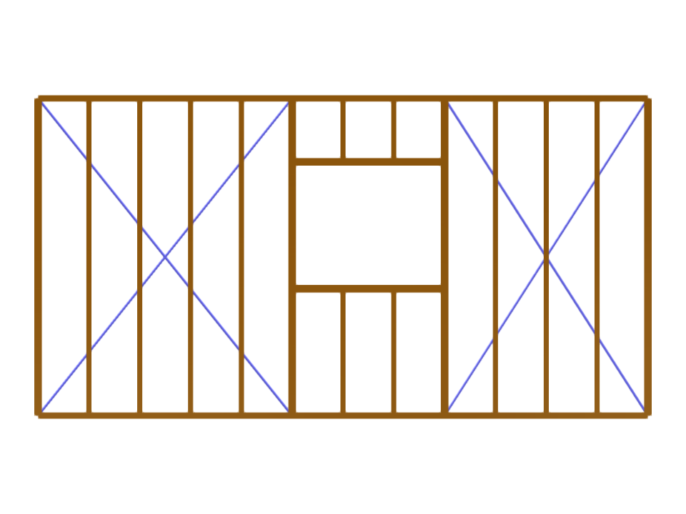 Immagine di una parete prefabbricata in legno con un'apertura per finestra, che mostra gli elementi strutturali e il montaggio.