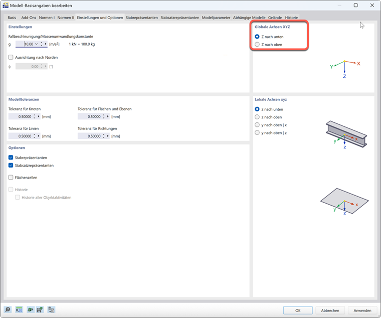 FAQ 005518 | In RFEM 6, dove posso modificare il sistema di assi globale invertito (orientamento dell'asse globale Z)?