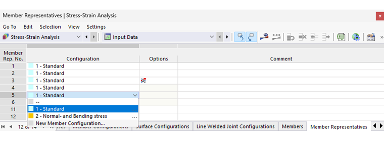 Tabella "Rappresentanti di barra" per il calcolo tensione-deformazione