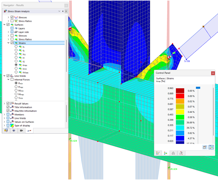 Visualizzazione della deformazione massima delle superfici