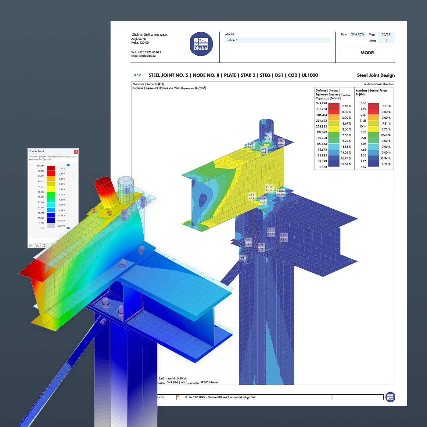 Modello di collegamento deformato con risultati nella relazione di calcolo da RFEM 6