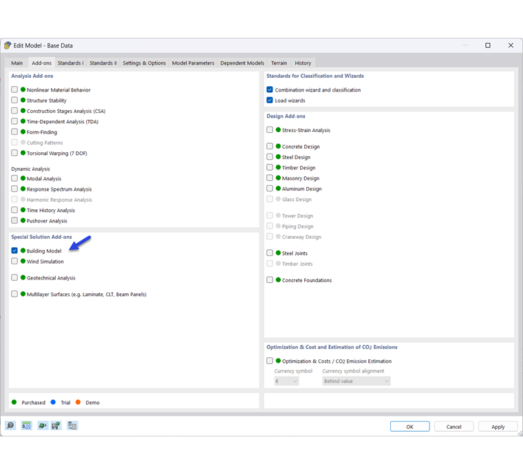 Attivazione dell'add-on "Modello edificio"