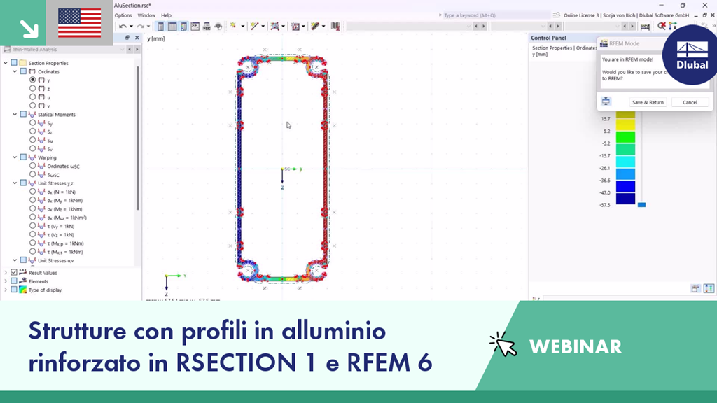 Illustrazione dell'analisi di profili in alluminio rinforzato in RSECTION 1 e RFEM 6 utilizzato in un webinar di ingegneria.
