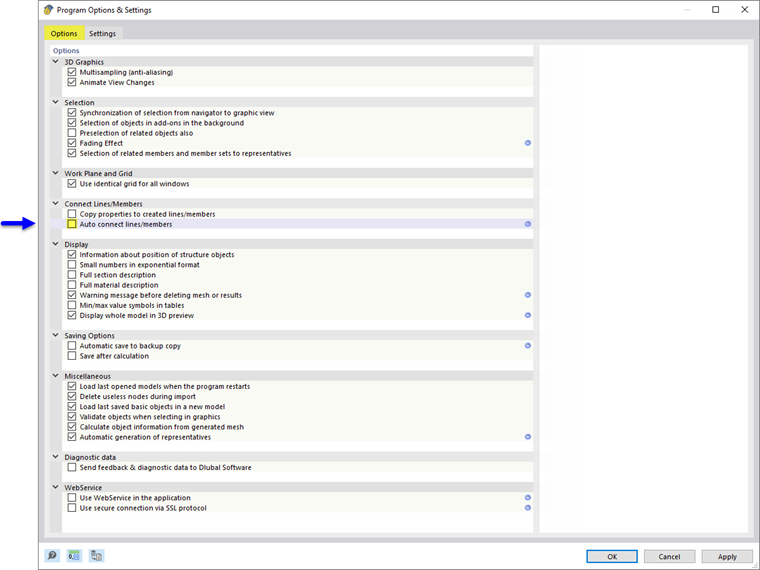 Opzioni del programma - Collega linee/aste automaticamente