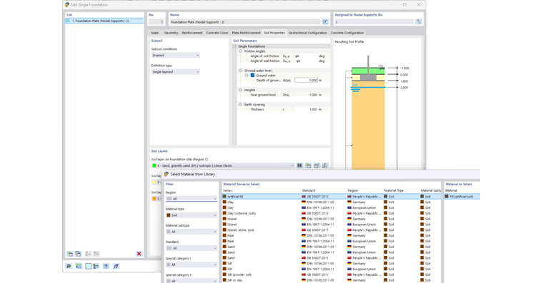 Selezione dei materiali del terreno per le fondazioni in calcestruzzo nella libreria dei materiali di un software di analisi strutturale.