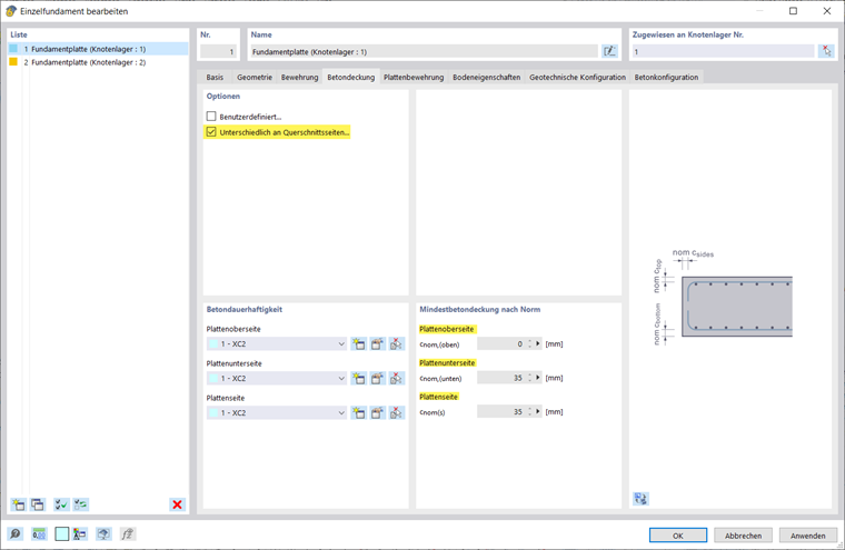 Diagramma delle fondazioni in calcestruzzo con copriferro indicato per i progetti di costruzione.