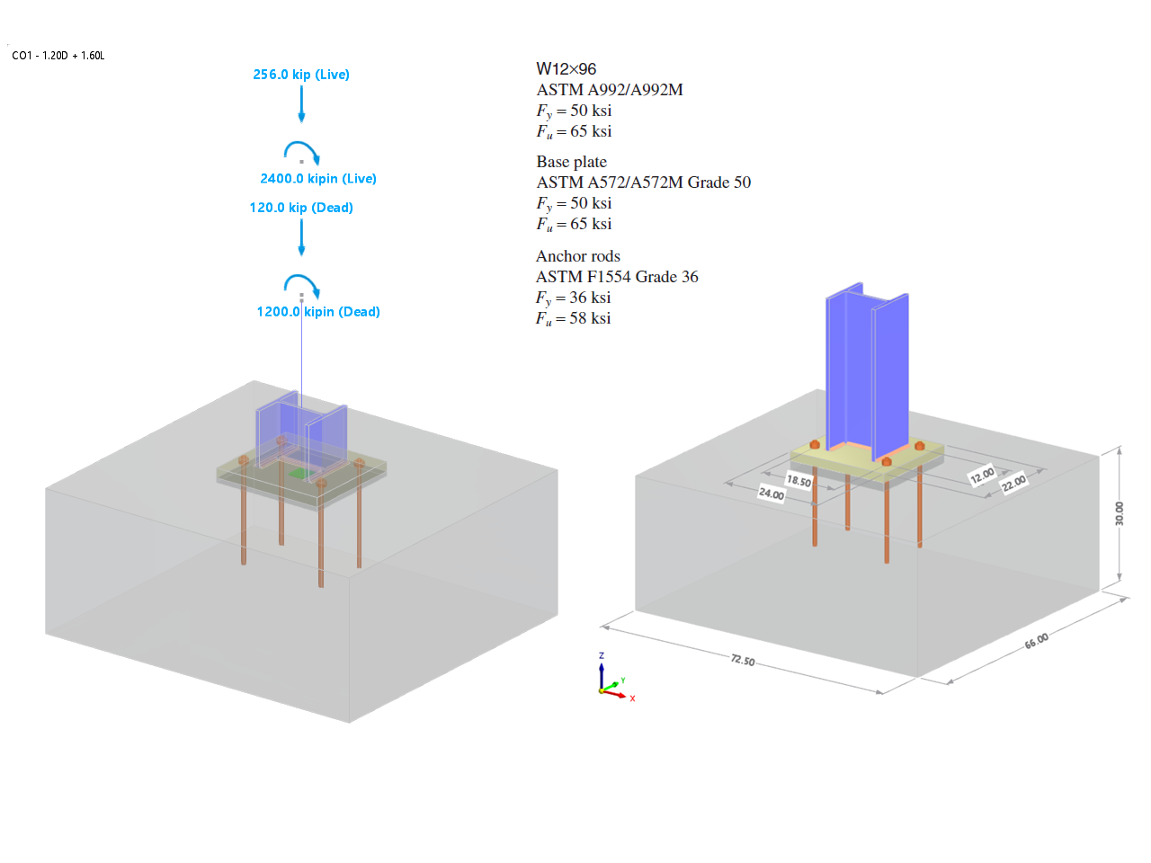 Modello che mostra un esempio AISC DG1, che dimostra specifiche di progettazione strutturale nell'analisi RFEM.