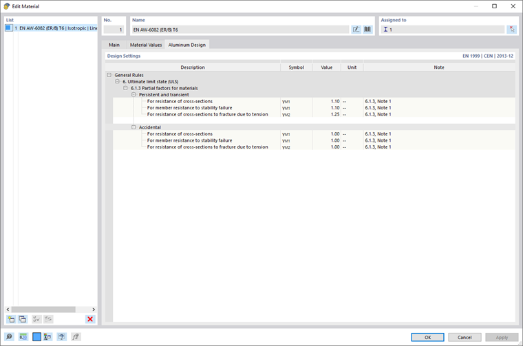 Dialogo 'Modifica materiale', dimensionamento alluminio secondo EN 1999-1-1
