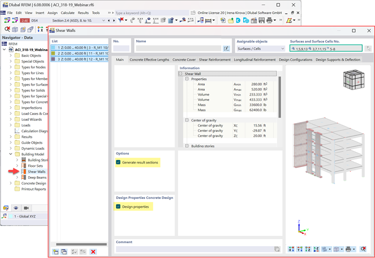 Immagine che mostra progetto di setti portanti in Dlubal Software