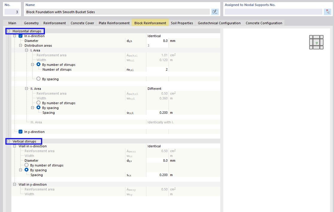Fondazione di calcestruzzo con sottosezione per armatura a blocchi, visualizzazione dettagliata e informazioni sulla struttura