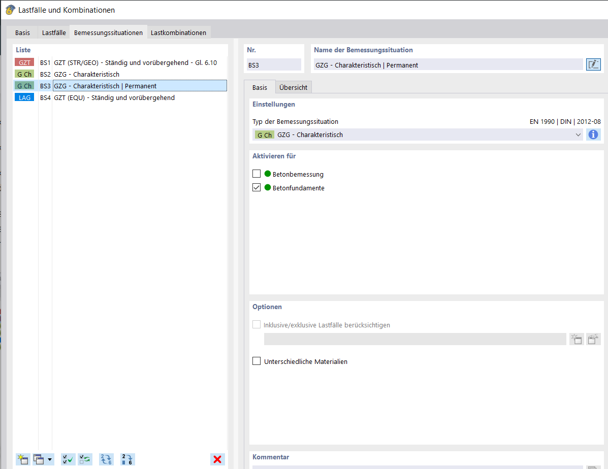 Finestra di dialogo per la creazione della situazione di progetto per azioni permanenti caratteristiche