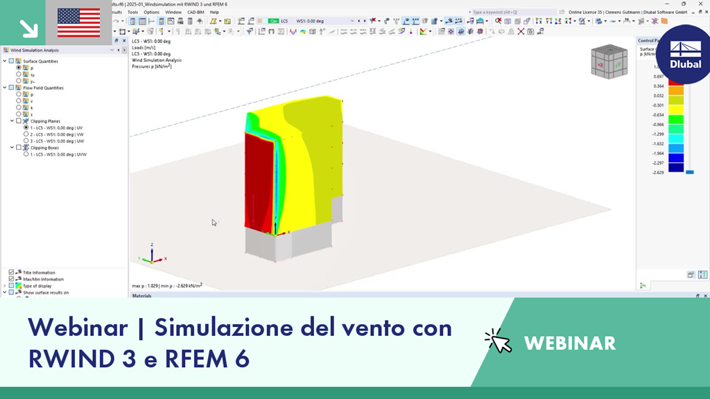 Webinar graphic featuring wind simulation with RWIND 3 and RFEM 6 technologies.