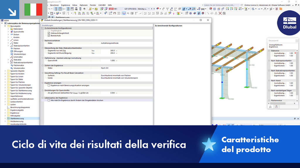 Feature dei risultati di verifica per acciaio, collegamenti in acciaio, alluminio e legno