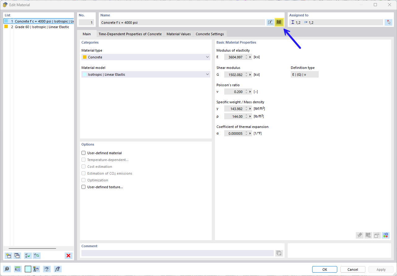 Panoramica della finestra di dialogo per modifica materiale | Pulsante libreria materiali | Selezione di calcestruzzo e acciaio da armatura