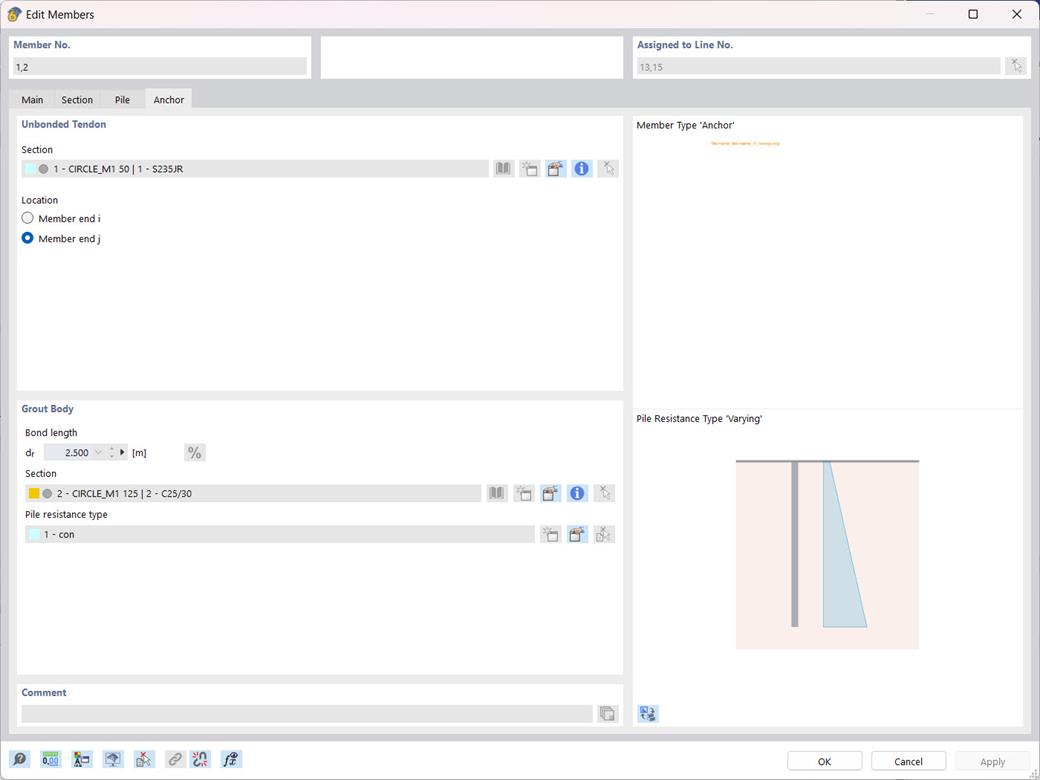 L'immagine mostra il tipo di asta Ancoraggio modellato nel solido di terreno che consente l'immissione dei parametri per la parte della barra in tiro e per l'elemento sigillato