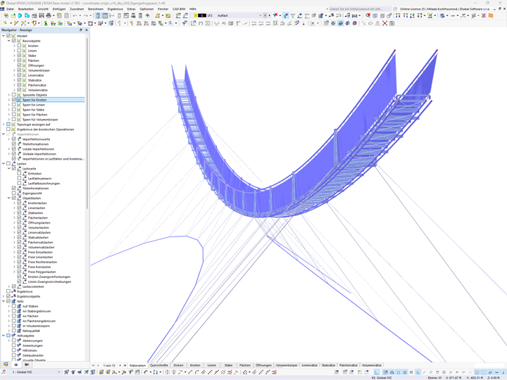L’immagine mostra il modello RFEM del ponte sospeso LaPendenta a Disentis/Mustér, in Svizzera.