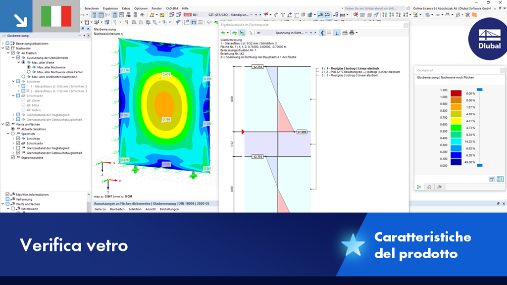 Vista dettagliata della verifica del vetro, che illustra le proprietà strutturali e i carichi del vetro.