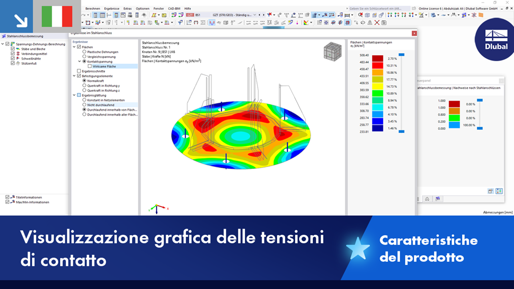 Visualizzazione delle tensioni di contatto in una struttura, mostrata graficamente in dettaglio con gradazioni di colore.