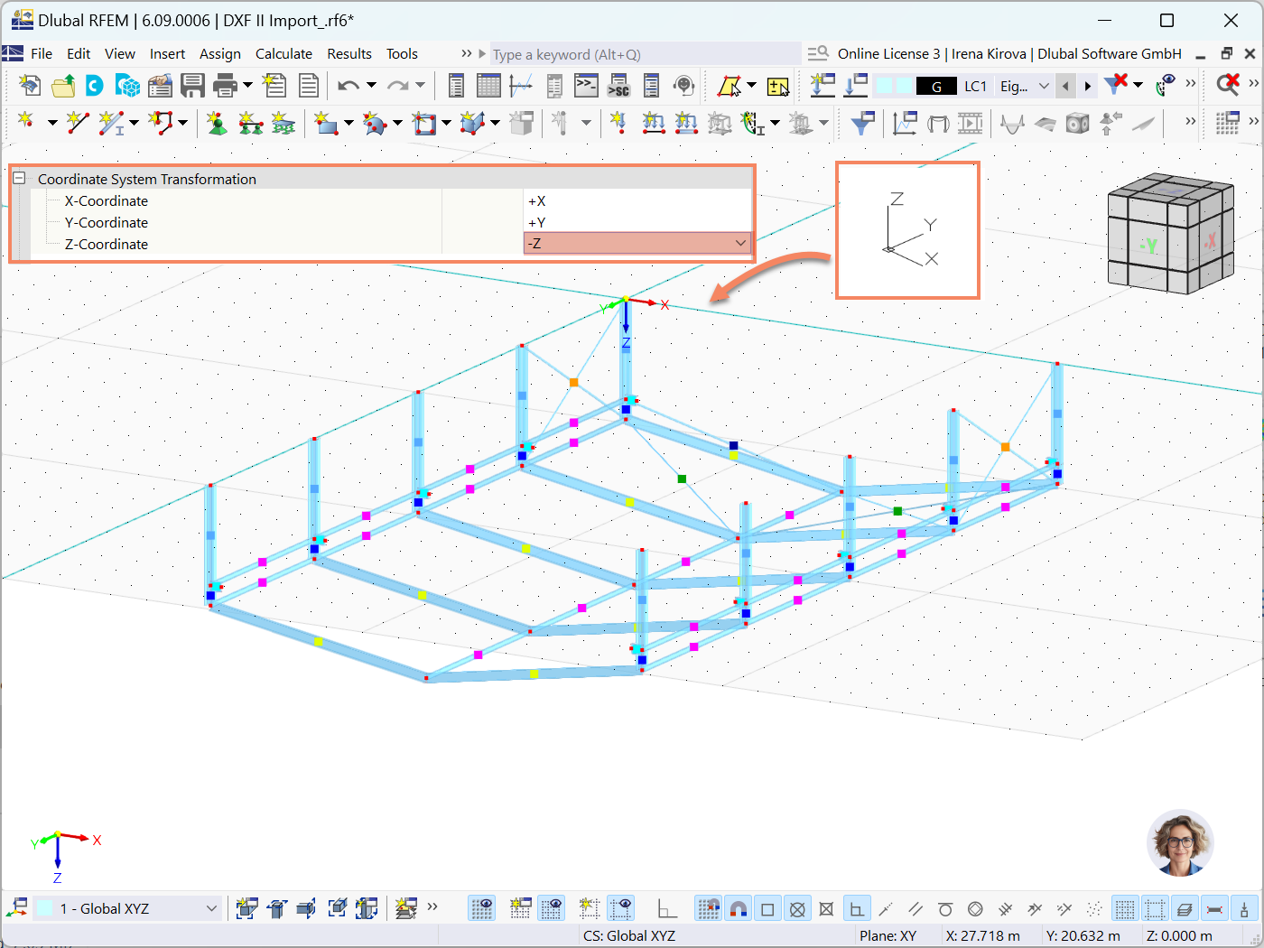 Opzione di trasformazione del sistema di coordinate visualizzata in RFEM 6, evidenziando la flessibilità dell’importazione di file AutoCAD/DXF.
