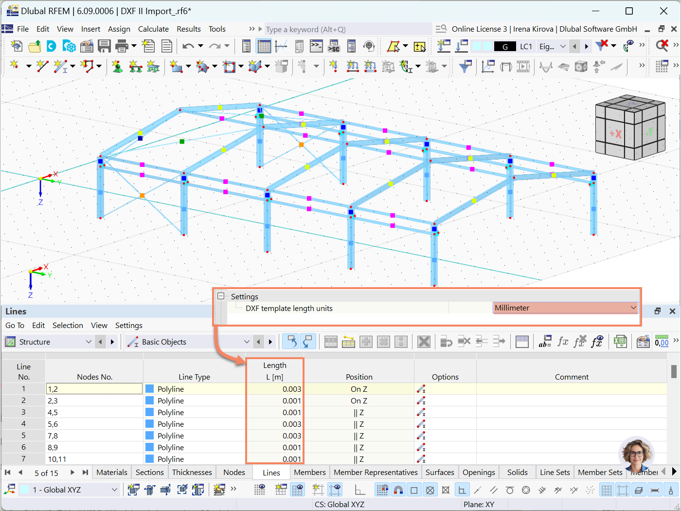 Regola le unità di lunghezza del modello DXF durante l’importazione di file in RFEM 6 per una modellazione precisa.