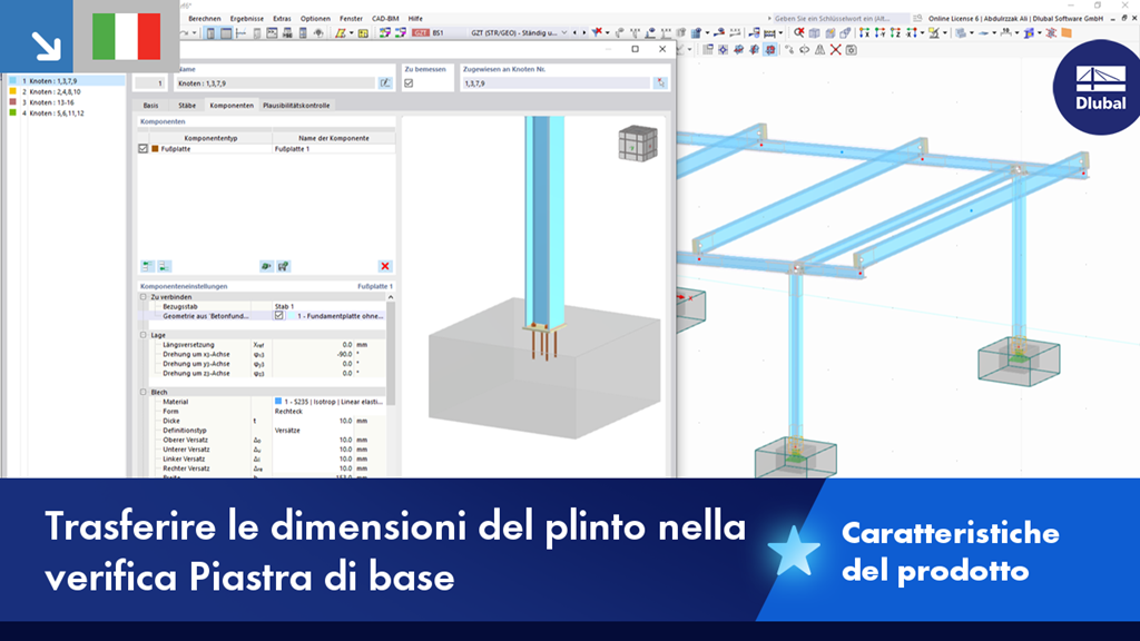 Visualizzazione del trasferimento delle singole dimensioni delle fondazioni nella verifica del piede in un software. Screenshot di una finestra di dialogo con campi di input opzionali per parametri come larghezza, lunghezza e profondità. Ci sono indicazioni visive sull'uso di questi parametri nella valutazione strutturale. Modello professionale di software ingegneristico per supportare l’analisi strutturale.
