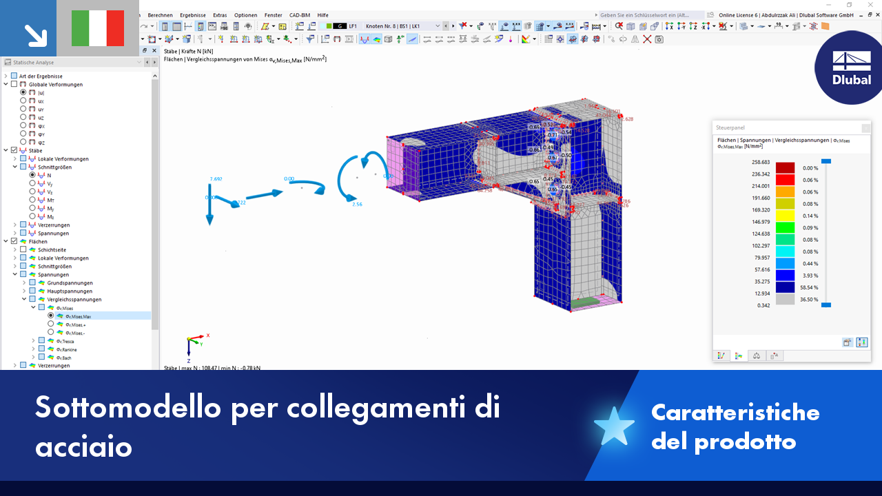 Rappresentazione di un sotto-modello con giunti in acciaio, inclusi travi e dettagli di collegamento, per l'analisi strutturale.